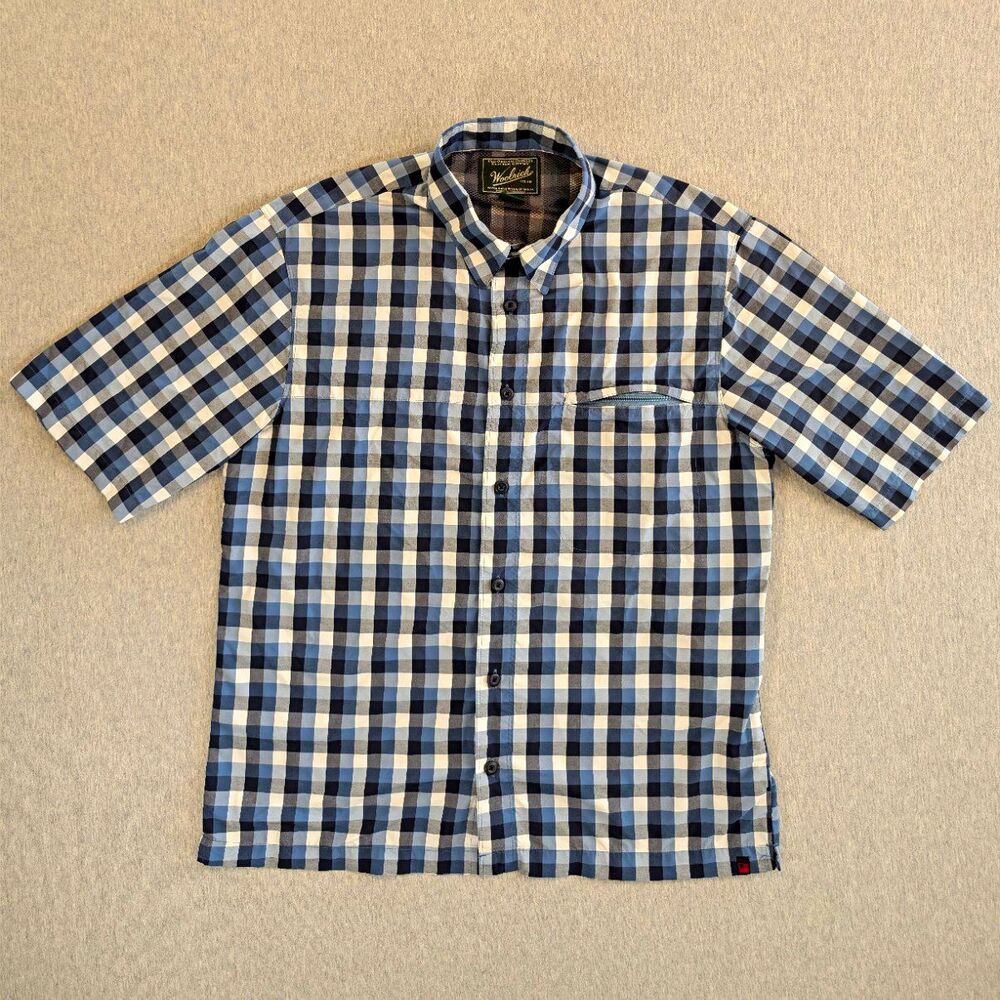 Woolrich Copen Buffalo Men's M Blue/White/Gray Check SS Button-Up Shirt Pockets